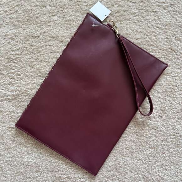 Lasercut Envelope Clutch Burgundy Faux Leather Wristlet Handbag - Picture 3 of 4